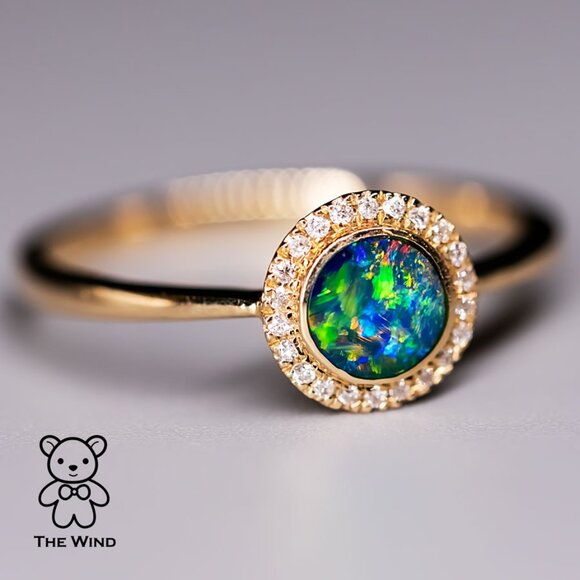 Minimalist Round Shaped Australian Doublet Opal & Diamond Ring 14K Yellow Gold - Picture 3 of 5